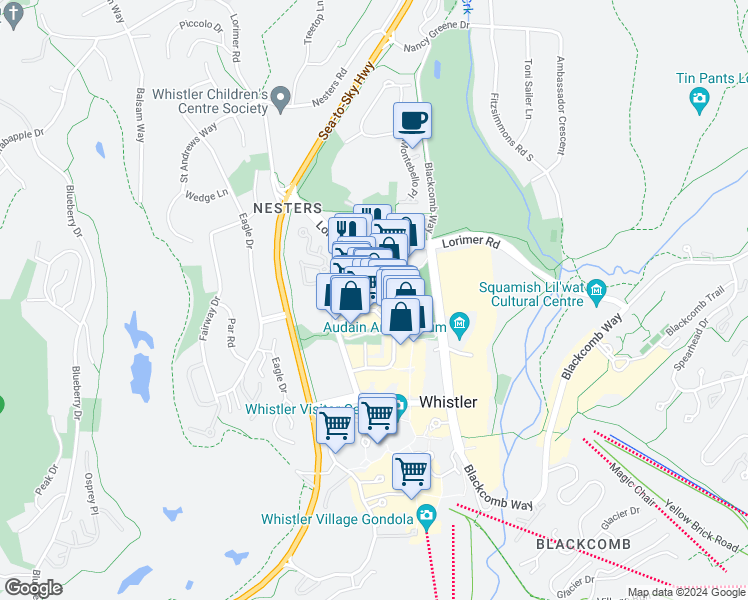map of restaurants, bars, coffee shops, grocery stores, and more near 4340 Lorimer Road in Whistler
