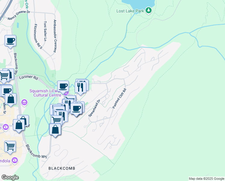 map of restaurants, bars, coffee shops, grocery stores, and more near 4725 Spearhead Drive in Whistler