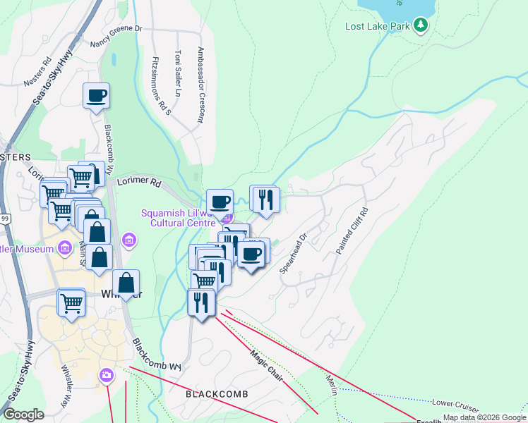 map of restaurants, bars, coffee shops, grocery stores, and more near 4591 Blackcomb Way in Whistler