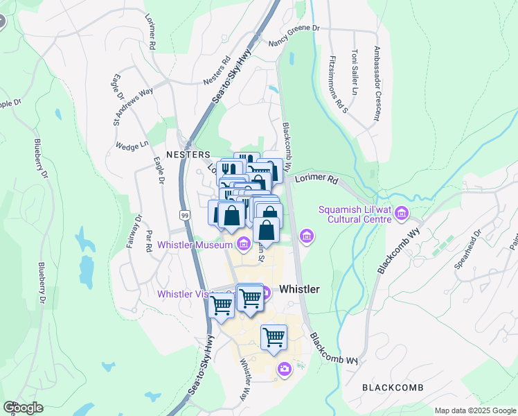 map of restaurants, bars, coffee shops, grocery stores, and more near 4350 Lorimer Road in Whistler