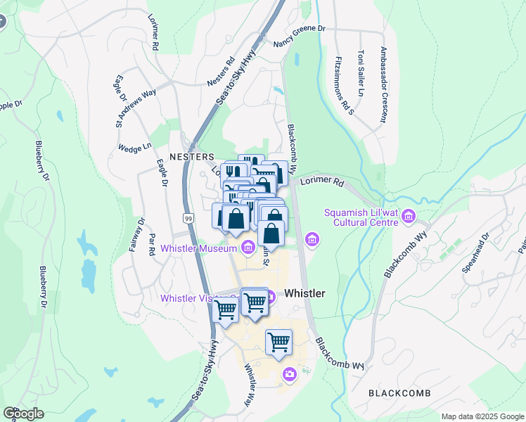 map of restaurants, bars, coffee shops, grocery stores, and more near 113-4350 Lorimer Road in Whistler