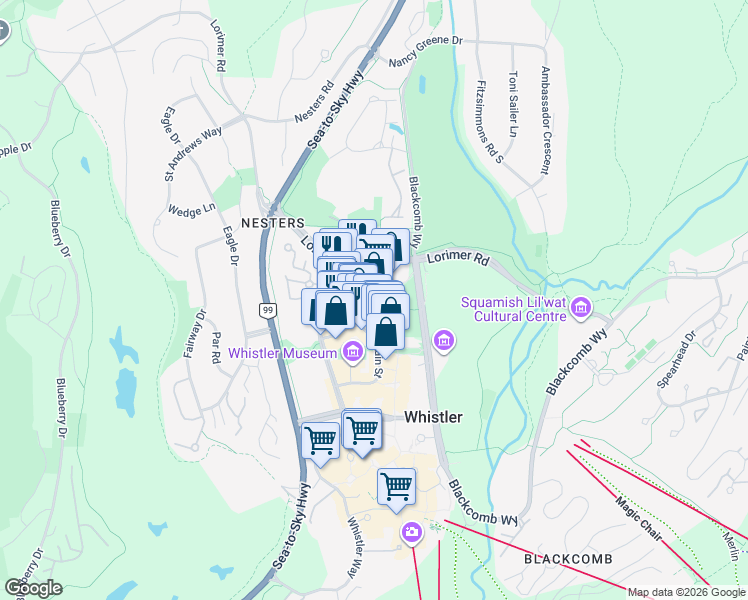 map of restaurants, bars, coffee shops, grocery stores, and more near 4370 Lorimer Road in Whistler