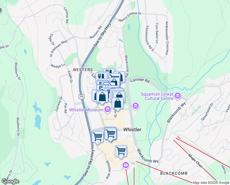map of restaurants, bars, coffee shops, grocery stores, and more near 4370 Lorimer Road in Whistler