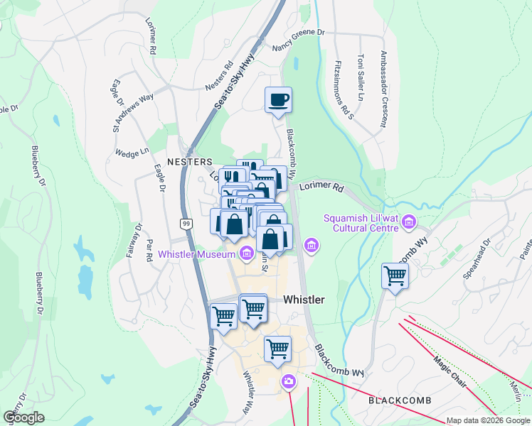 map of restaurants, bars, coffee shops, grocery stores, and more near 4360 Lorimer Road in Whistler