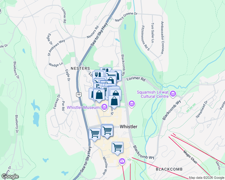 map of restaurants, bars, coffee shops, grocery stores, and more near 4370 Lorimer Road in Whistler