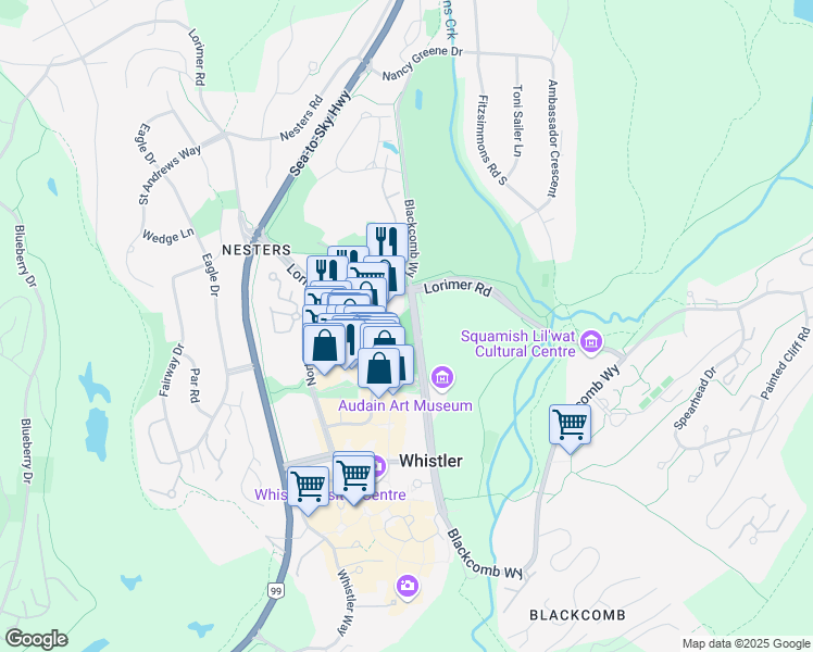 map of restaurants, bars, coffee shops, grocery stores, and more near 4375 Blackcomb Way in Whistler