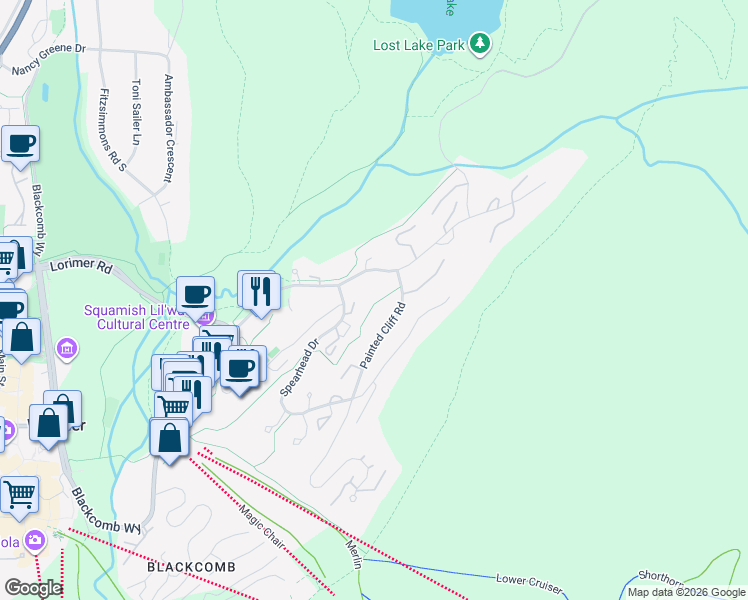 map of restaurants, bars, coffee shops, grocery stores, and more near 4637 Blackcomb Way in Whistler