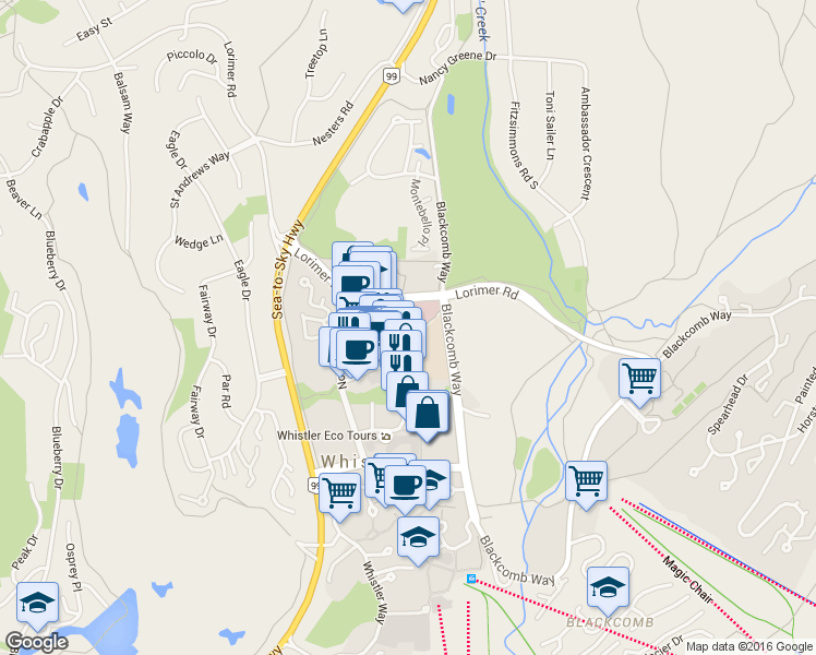 map of restaurants, bars, coffee shops, grocery stores, and more near 4375 Blackcomb Way in Whistler