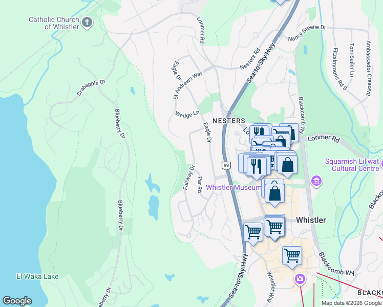 map of restaurants, bars, coffee shops, grocery stores, and more near 6361 Fairway Drive in Whistler