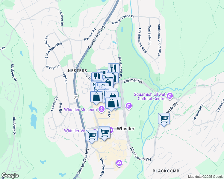 map of restaurants, bars, coffee shops, grocery stores, and more near 4360 Lorimer Road in Whistler