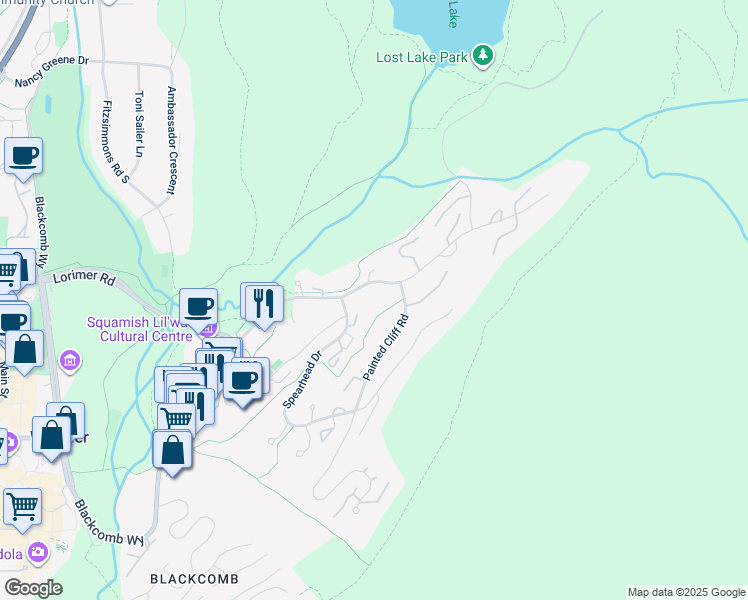 map of restaurants, bars, coffee shops, grocery stores, and more near 4637 Blackcomb Way in Whistler