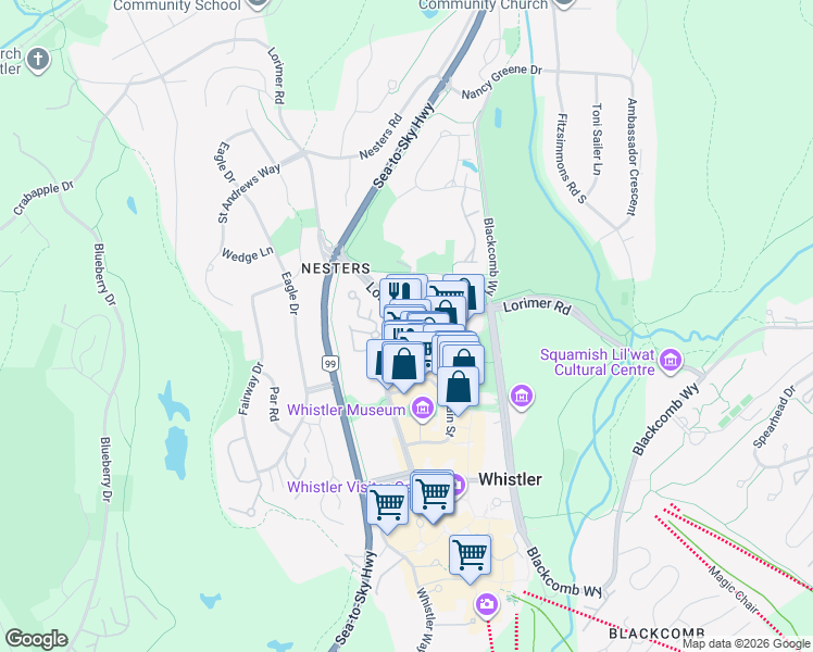 map of restaurants, bars, coffee shops, grocery stores, and more near 4370 Lorimer Road in Whistler