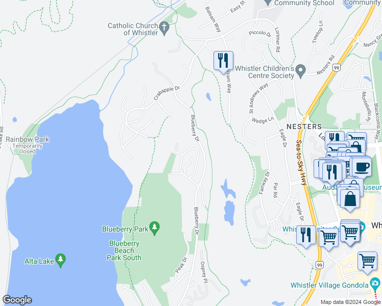 map of restaurants, bars, coffee shops, grocery stores, and more near 3565 Falcon Crescent in Whistler