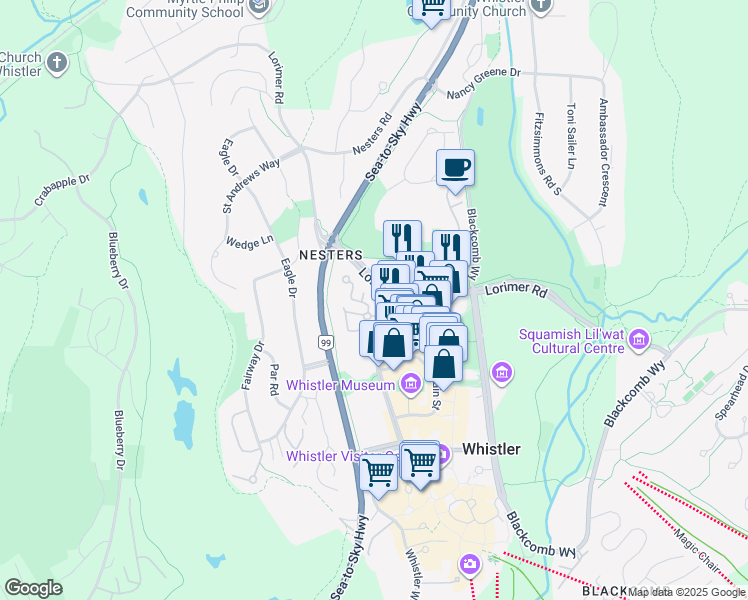 map of restaurants, bars, coffee shops, grocery stores, and more near 4365 Northlands Boulevard in Whistler