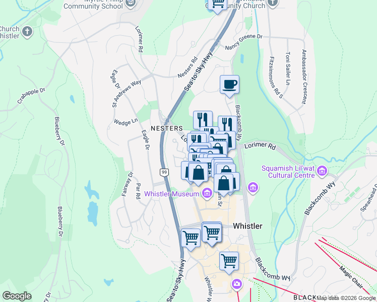 map of restaurants, bars, coffee shops, grocery stores, and more near 4365 Northlands Boulevard in Whistler