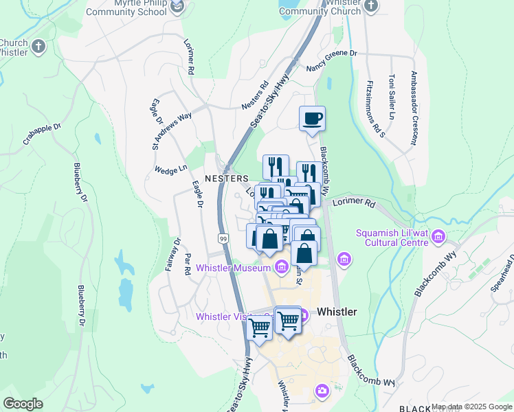 map of restaurants, bars, coffee shops, grocery stores, and more near in Whistler