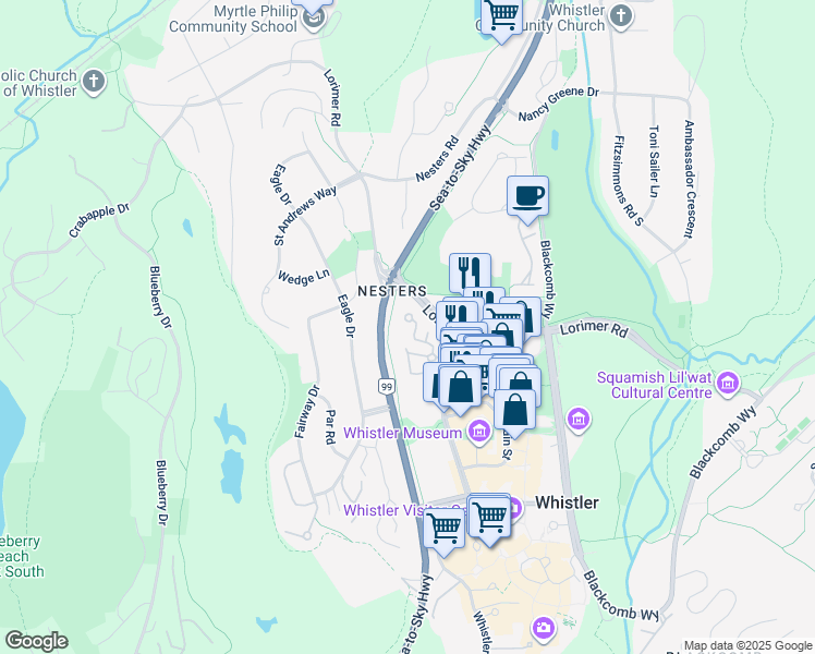 map of restaurants, bars, coffee shops, grocery stores, and more near 4375 Northlands Boulevard in Whistler