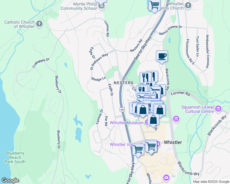 map of restaurants, bars, coffee shops, grocery stores, and more near 6187 Eagle Drive in Whistler