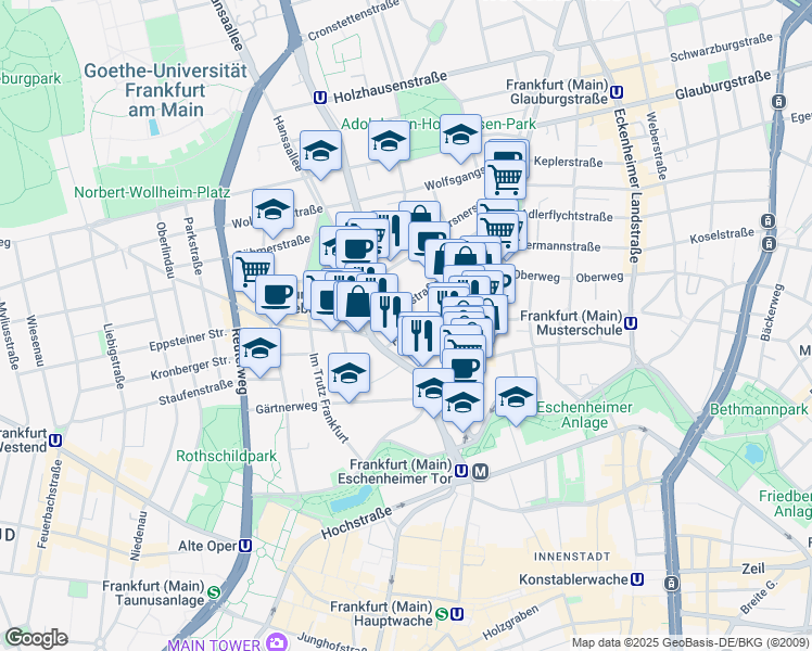 map of restaurants, bars, coffee shops, grocery stores, and more near 40 Finkenhofstraße in Frankfurt am Main