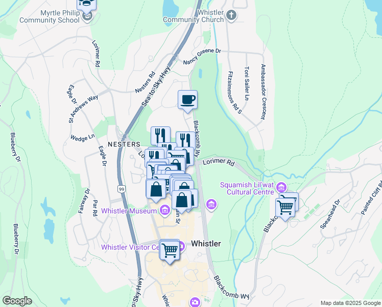 map of restaurants, bars, coffee shops, grocery stores, and more near 4405 Blackcomb Way in Whistler