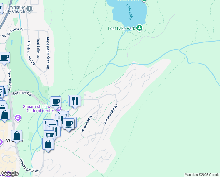 map of restaurants, bars, coffee shops, grocery stores, and more near 4636 Blackcomb Way in Whistler