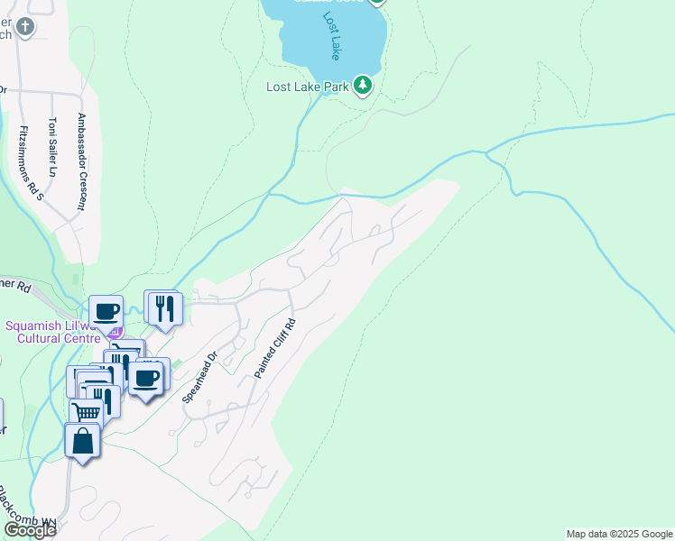 map of restaurants, bars, coffee shops, grocery stores, and more near 4653 Blackcomb Way in Whistler
