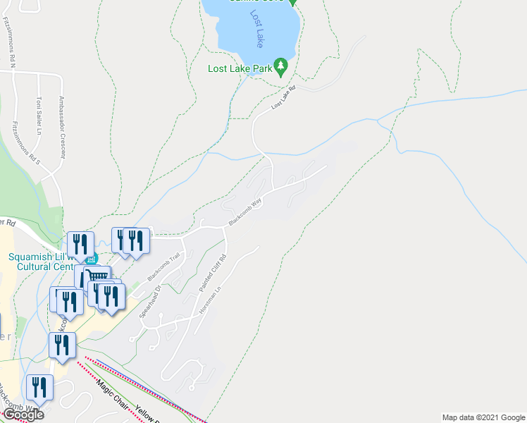 map of restaurants, bars, coffee shops, grocery stores, and more near 4653 Blackcomb Way in Whistler