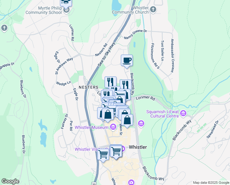 map of restaurants, bars, coffee shops, grocery stores, and more near 4388 Northlands Boulevard in Whistler