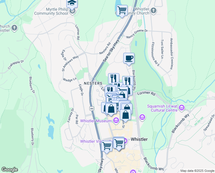 map of restaurants, bars, coffee shops, grocery stores, and more near 4385 Northlands Boulevard in Whistler