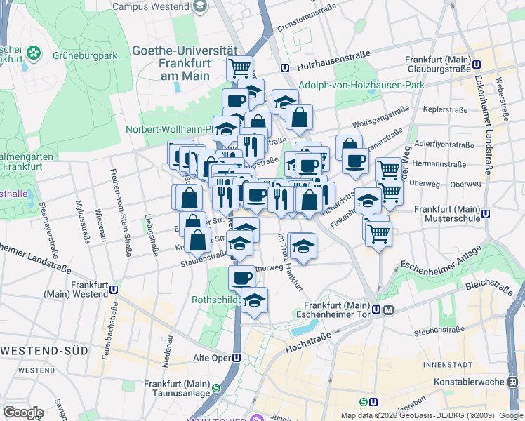 map of restaurants, bars, coffee shops, grocery stores, and more near 16 Grüneburgweg in Frankfurt am Main