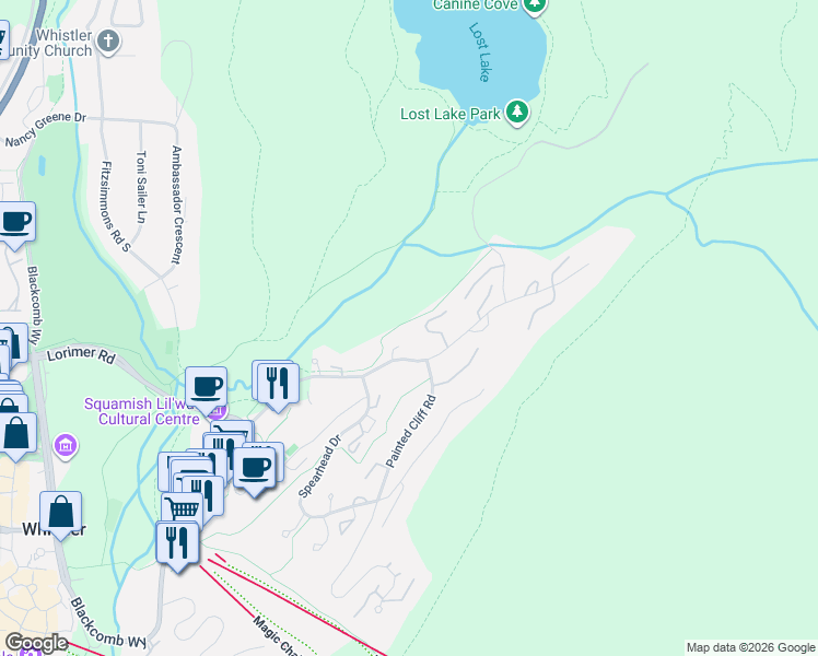 map of restaurants, bars, coffee shops, grocery stores, and more near 4636 Blackcomb Way in Whistler