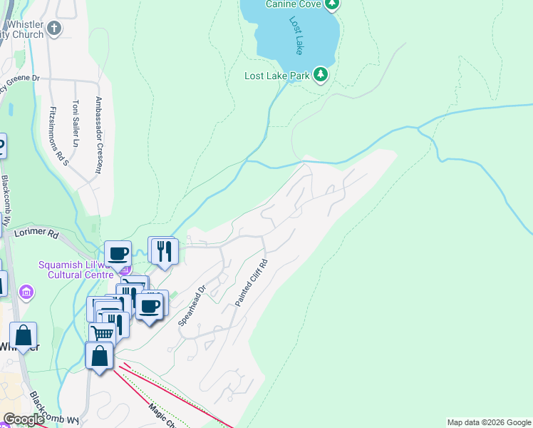 map of restaurants, bars, coffee shops, grocery stores, and more near 4644 Blackcomb Way in Whistler
