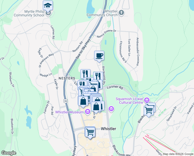 map of restaurants, bars, coffee shops, grocery stores, and more near 4603 Montebello Place in Whistler