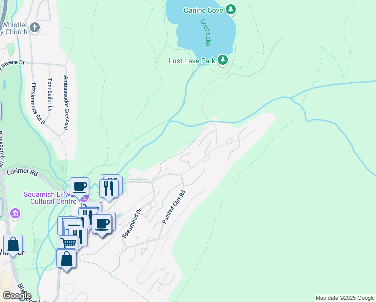 map of restaurants, bars, coffee shops, grocery stores, and more near 4644 Blackcomb Way in Whistler