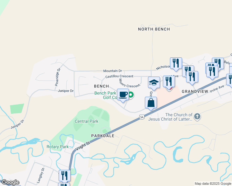 map of restaurants, bars, coffee shops, grocery stores, and more near 2076 Gillis Crescent in Merritt