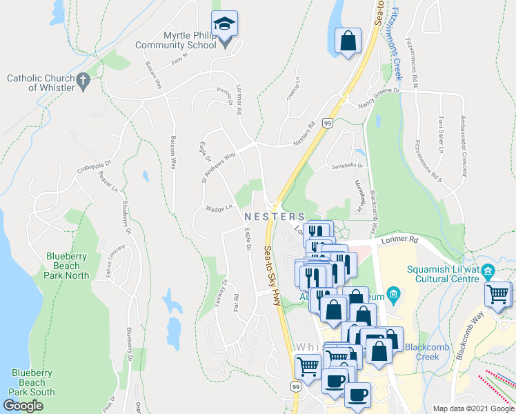 map of restaurants, bars, coffee shops, grocery stores, and more near 6252 Bishop Way in Whistler
