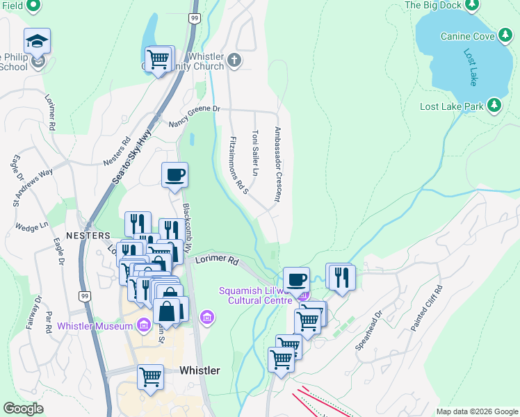 map of restaurants, bars, coffee shops, grocery stores, and more near 7501 Ambassador Crescent in Whistler