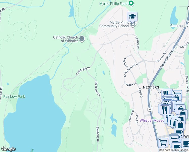 map of restaurants, bars, coffee shops, grocery stores, and more near 6818 Beaver Lane in Whistler