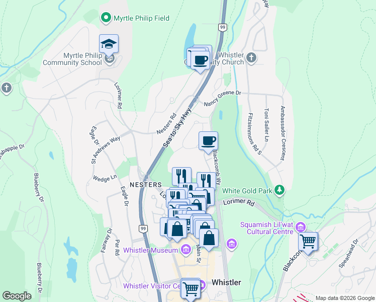 map of restaurants, bars, coffee shops, grocery stores, and more near 4726 Settebello Drive in Whistler