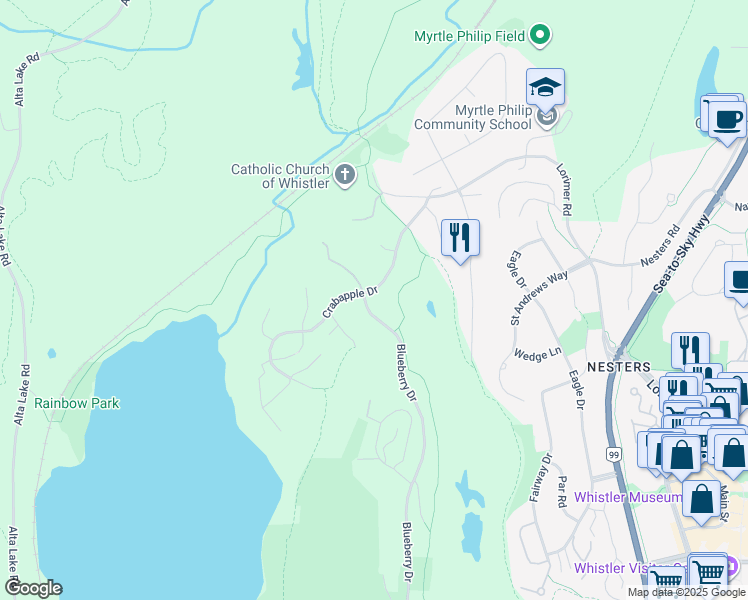 map of restaurants, bars, coffee shops, grocery stores, and more near 6716 Crabapple Drive in Whistler