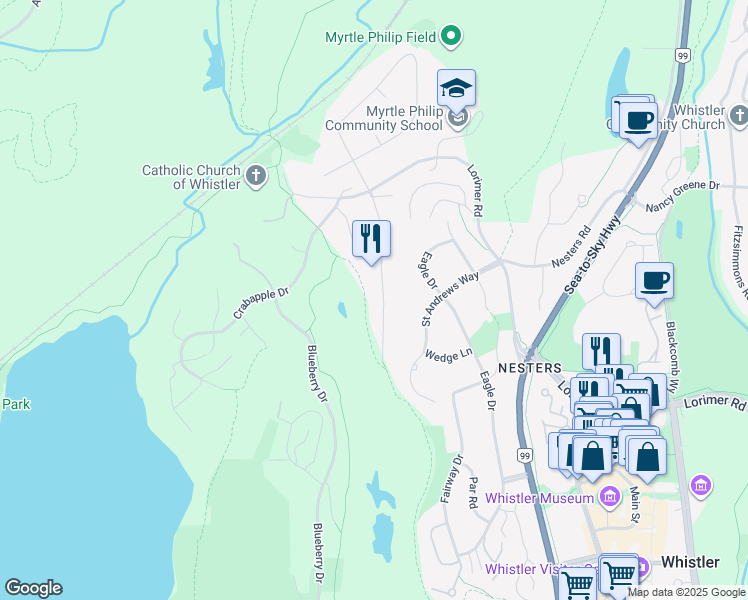map of restaurants, bars, coffee shops, grocery stores, and more near 6557 Balsam Way in Whistler