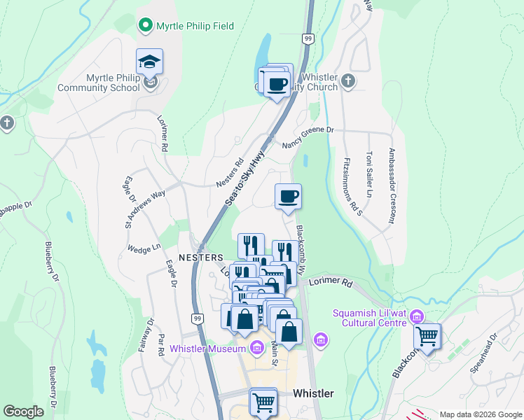 map of restaurants, bars, coffee shops, grocery stores, and more near 4728 Settebello Drive in Whistler