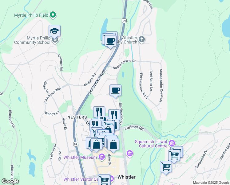 map of restaurants, bars, coffee shops, grocery stores, and more near 4747 Settebello Drive in Whistler