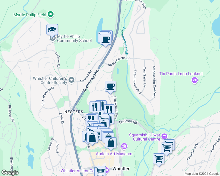 map of restaurants, bars, coffee shops, grocery stores, and more near 4747 Settebello Drive in Whistler