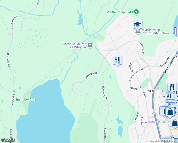 map of restaurants, bars, coffee shops, grocery stores, and more near 6725 Crabapple Drive in Whistler