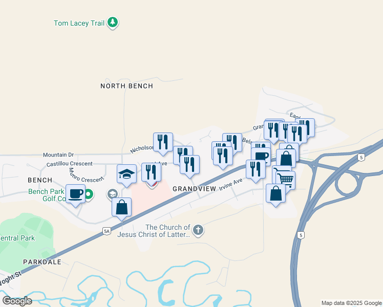 map of restaurants, bars, coffee shops, grocery stores, and more near 4108 Walters Street in Merritt