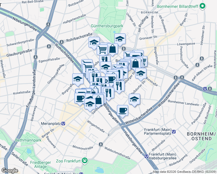 map of restaurants, bars, coffee shops, grocery stores, and more near 125 Berger Straße in Frankfurt am Main
