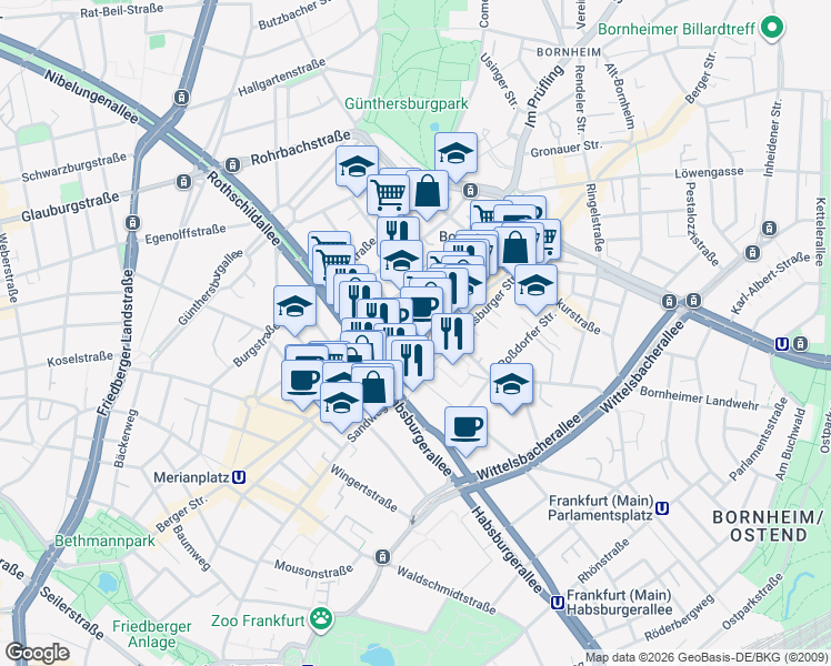 map of restaurants, bars, coffee shops, grocery stores, and more near 125 Berger Straße in Frankfurt am Main