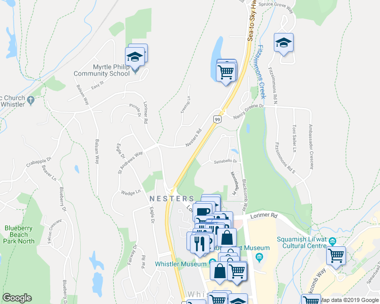 map of restaurants, bars, coffee shops, grocery stores, and more near 7114 Nesters Road in Whistler