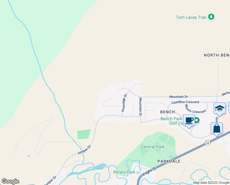 map of restaurants, bars, coffee shops, grocery stores, and more near 1602 Ponderosa Way in Merritt